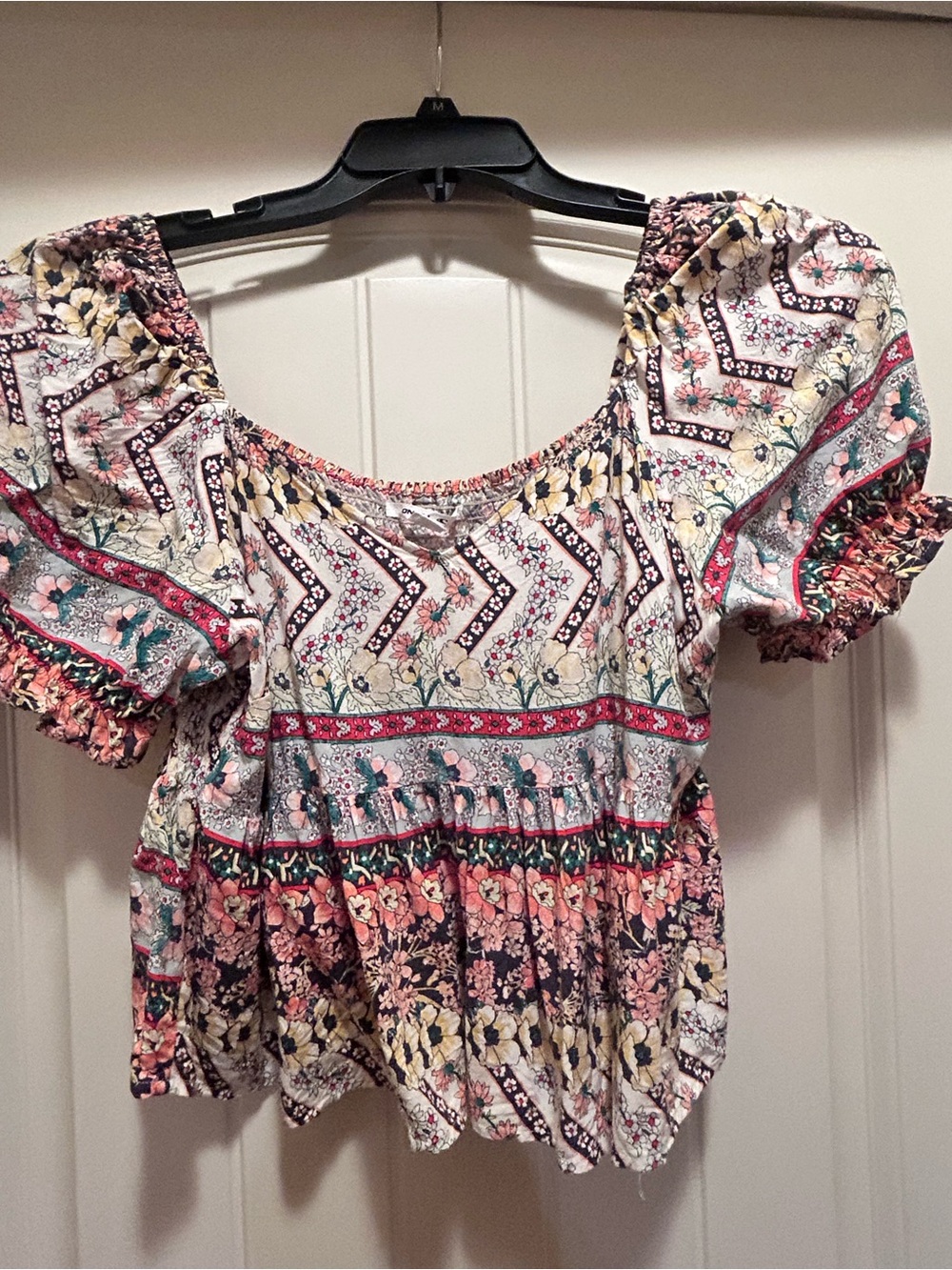 Boho Floral Puff-Sleeve Peasant Top - Multi